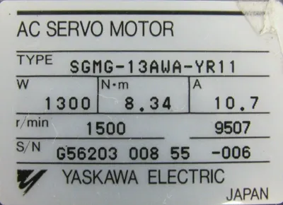 USED YASKAWA SGMG-13AWA-YR11 SERVO MOTOR SGMG13AWAYR11