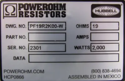 NEW HUBBELL PF19R2K00-W BRAKING RESISTOR 19 OHMS 2000W
