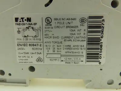 Eaton FAZ-C3/1-NA Miniature Circuit Breaker 3A 277AC 48VDC Lot of 2
