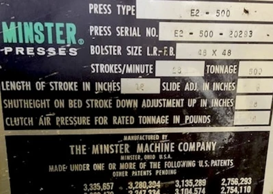 USED 1972 MINSTER MINSTER E2-500-48-48 PRESS