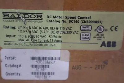 BALDOR ELECTRIC BC140 CN3000A53 115/230VAC 16A - STOCK 3111CC