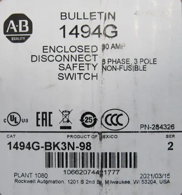 NEW ALLEN BRADLEY 1494G-BK3N-98 SAFETY SWITCH 30A 1494GBK3N98