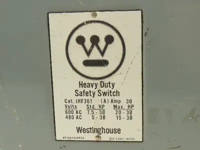 Westinghouse JHF361 Safety Disconnect Switch 30A 600VAC Fused 30HP