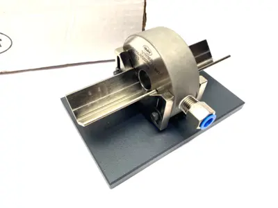 USED MAHR DIMENSIONAIR 2-JET AIR RING GAUGE W/ GUIDE CHUTES & BASE PLATE