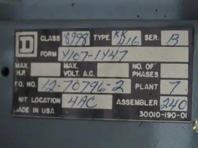 Square D 8998 MCC Bucket 60 Amp Dual Disconnect Switch 3 Pole 600V