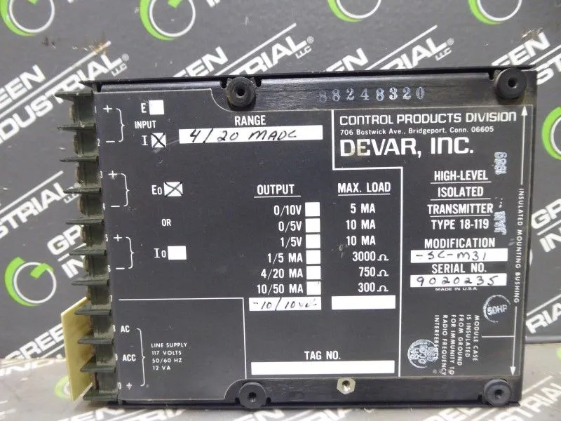 Devar Inc. 18-119-SC-M31 High-Level Isolated Transmitter 4-20 mADC Used