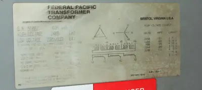 USED FEDERAL PACIFIC TRANSFORMER COMPANY HIGH VOLTAGE
