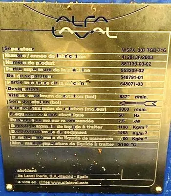 Alfa-Laval WSPX 307 TGD-71G oil concentrator, SS.
