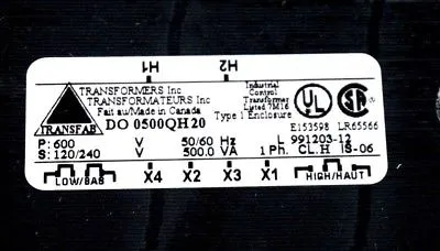 NEW TRANSFAB TRANSFORMERS INC. DO 0500QH20 TRANSFORMER