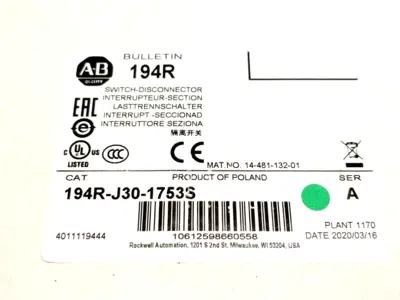 New | in-Stock Allen Bradley 194R-J30-1753S Ser. A Switchgears Michigan US | Maverick Industrial Sales #1397704