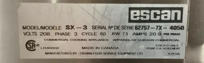 152-0702 Crown Food Service Equipment Escan Convection Steamer