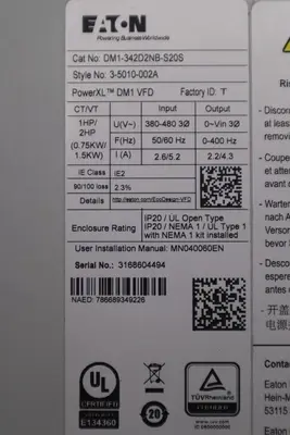 EATON DM1-342D2NB-S20S VFD 480V 1HP POWERXL STOCK 2893A