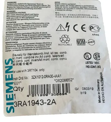 NEW SIEMENS 3RA1943-2A REVERSABLE CONTACTOR KIT 3RA19432A