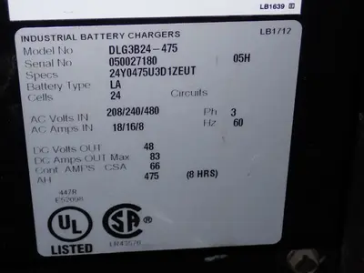 USED INDUSTRIAL BATTERY CHARGERS DLG3B24475