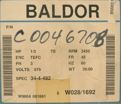 NEW BALDOR C0046708 MOTOR 575V 3450RPM .33HP 1/2" DIA. 34-4-482
