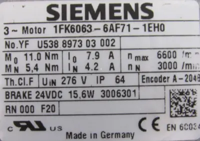REFURBISHED SIEMENS 1FK6063-6AF71-1EH0 SYNCHRONOUS SERVO MOTOR 1FK60636AF711EH0