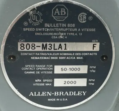 NEW ALLEN BRADLEY 808-M3LA1 SPEED SWITCH SER. F 50-1000RPM 2000MAX RPM