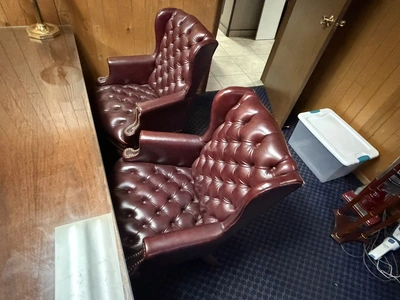 Lot of executive office furniture, includes (1) 72" desk, (1) 72" credenza, (1) rolling padded seat ...