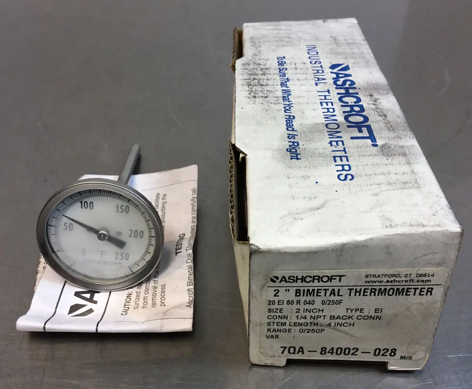 Ashcroft 7QA-84002-028 2" Bimetal Thermometer 0-250 Degrees F 4" stem. 6B