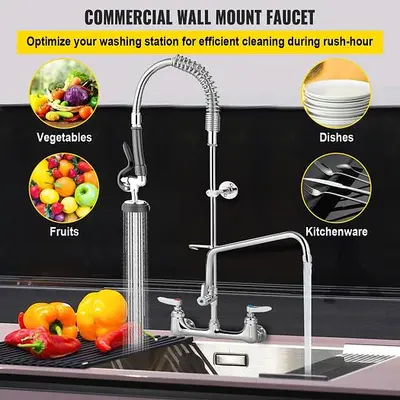 Commercial Pre-rinse Faucet Wall Mount Kitchen Sink Faucet 8" w/ Sprayer