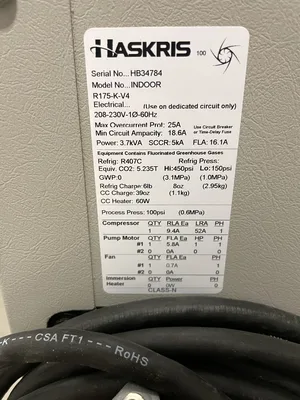 Haskris R175-K-V4 Indoor Water-Cooled Chiller 208-230V 1PH 150/450psi