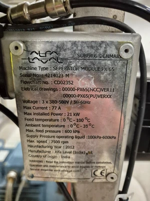 Alfa-Laval PX 65 VGV-14C vegetable oil separator, 316SS.