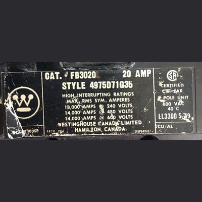 Westinghouse 3 Pole 20 Amp FB Breaker