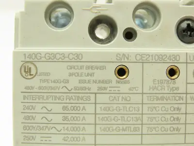 Allen Bradley 140G-G3C3-C30 Circuit Breaker 3P 30A 600V 3PH H-Frame