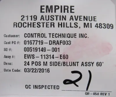 NEW EMPIRE EWS-11314-E60 CABLE ASSEMBLY 60' EWS11314E60