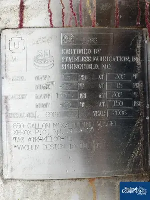 USED Stainless Fabrication 650 Gal SFI Twin Motion Kettle, 304 S/S, 15/150#