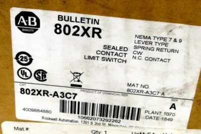 NEW ALLEN BRADLEY 802XR-A3C7 LIMIT SWITCH SERIES A 802XRA3C7