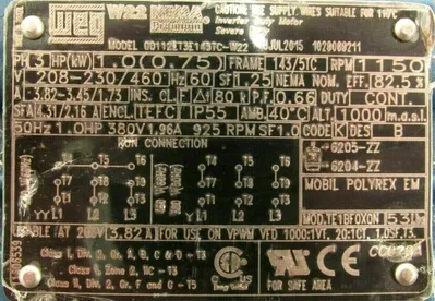 NEW WEG 00112ET3E143TC-W22 MOTOR 1HP 208-230/460V 7/8" DIA. 00112ET3E143TCW22