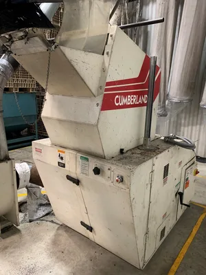 Cumberland 1620 Grinder w/infeed conveyor, blower/cyclone and baghgouse