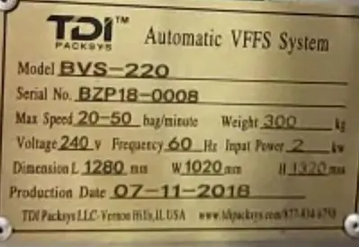 TDI Form, Fill and Seal with Piston Filler