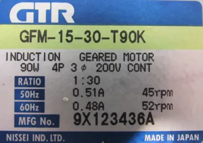 NEW GTR GFM-15-30-T90K GEAR MOTOR 1:30 200V GFM1530T90K