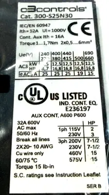NEW C3CONTROLS 300-S25N30D10 NON-REVERSING CONTACTOR SER.B 300S25N30D10