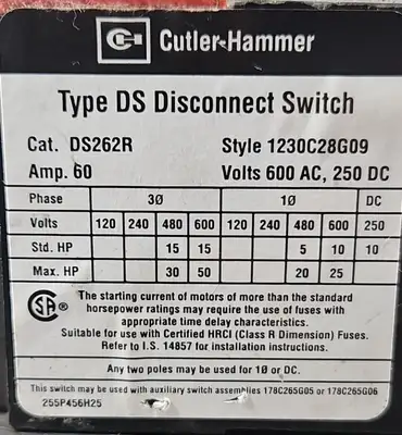 Cutler-Hammer DS262R 60A 600AC 250DC. Loc4C-19