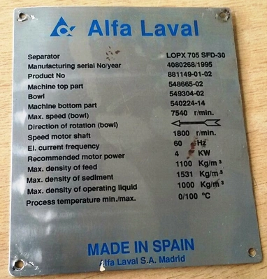 (2) Alfa-Laval LOPX 705 SFD-30 clarifiers, SS.