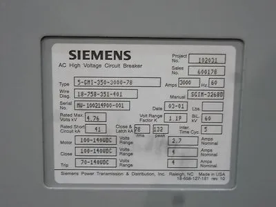 Used Siemens 05-GMI-350-3000-78 Circuit Breakers Ohio US | Equipment Recovery Corp. #1329702