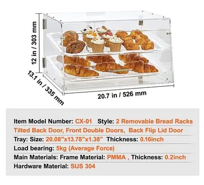 Pastry Display Case, 2-Tier Commercial Countertop Bakery Acrylic  Display Case - 20.7" wide