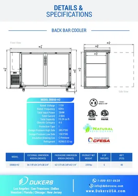 New | in-Stock Dukers New Dukers DBB60-H2 2 Door Bar and Beverage Cooler (Hinge Doors) Bottle Coolers Illinois US | Falcon Restaurant Supply #1376320
