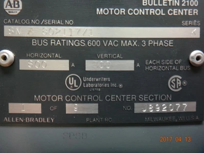 Allen Bradley Centerline Motor Control Center 260-173
