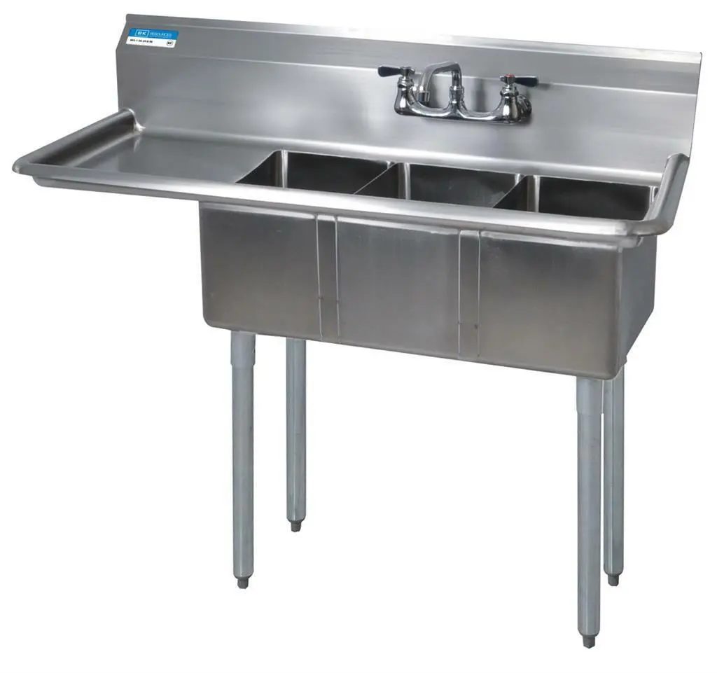 Compass 3 Compartments Convenience  Store Sink 15" Left Drainboard 10" x 14" x 10" D Bowls