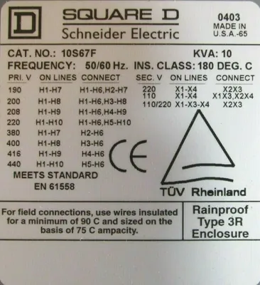 NEW SQUARE D 10S67F TRANSFORMER PRI 220x440V SEC 110/120V