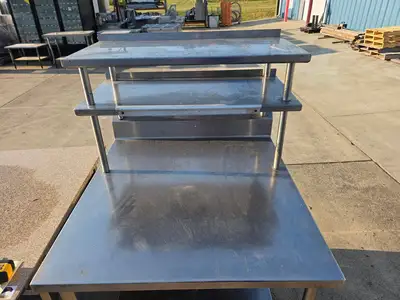 Used Falcon Restaurant Supply Used 38" Stainless Steel Table with Over Shelves and Casters - SS333 - COZ Food Prep Tables Illinois US | Falcon Restaurant Supply #1375150