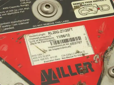 Miller RL20G-Z7 Mighty Lite Self Retracting Fall Safety Lifeline 20' L 310lbs