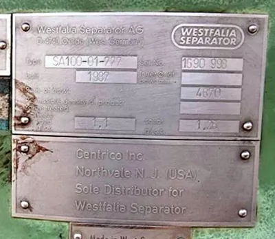 Westfalia SA 100-01-777 separator centrifuge, 316SS.