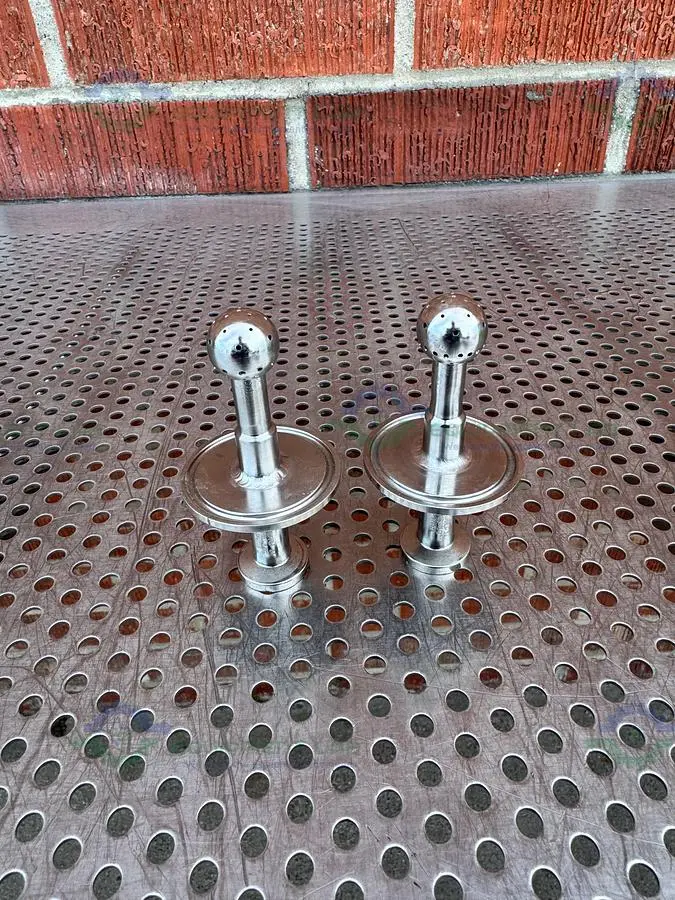 USED LOT OF 2 - STAINLESS STEEL SPRAY BALL W/ 2" TO 1/2" SANITARY FITTING