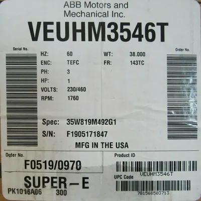 NEW BALDOR VEUHM3546T MOTOR 1HP 230/460V 1760RPM 7/8" DIA. 35W819M492G1