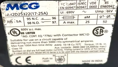 NEW MCG MR2D25322 OVERLOAD RELAY MR2D25